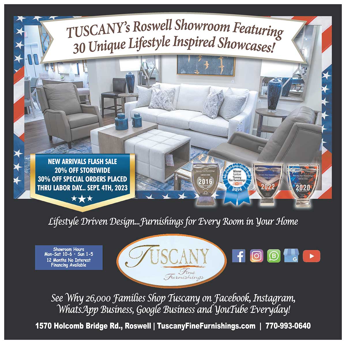 August 2023 ad for Tuscany Fine Furnishings in Roswell, GA