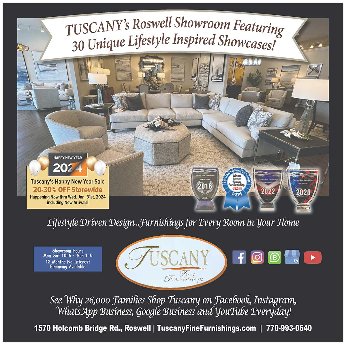 advertisement for Tuscany Fine Furnishings January 2024 sales